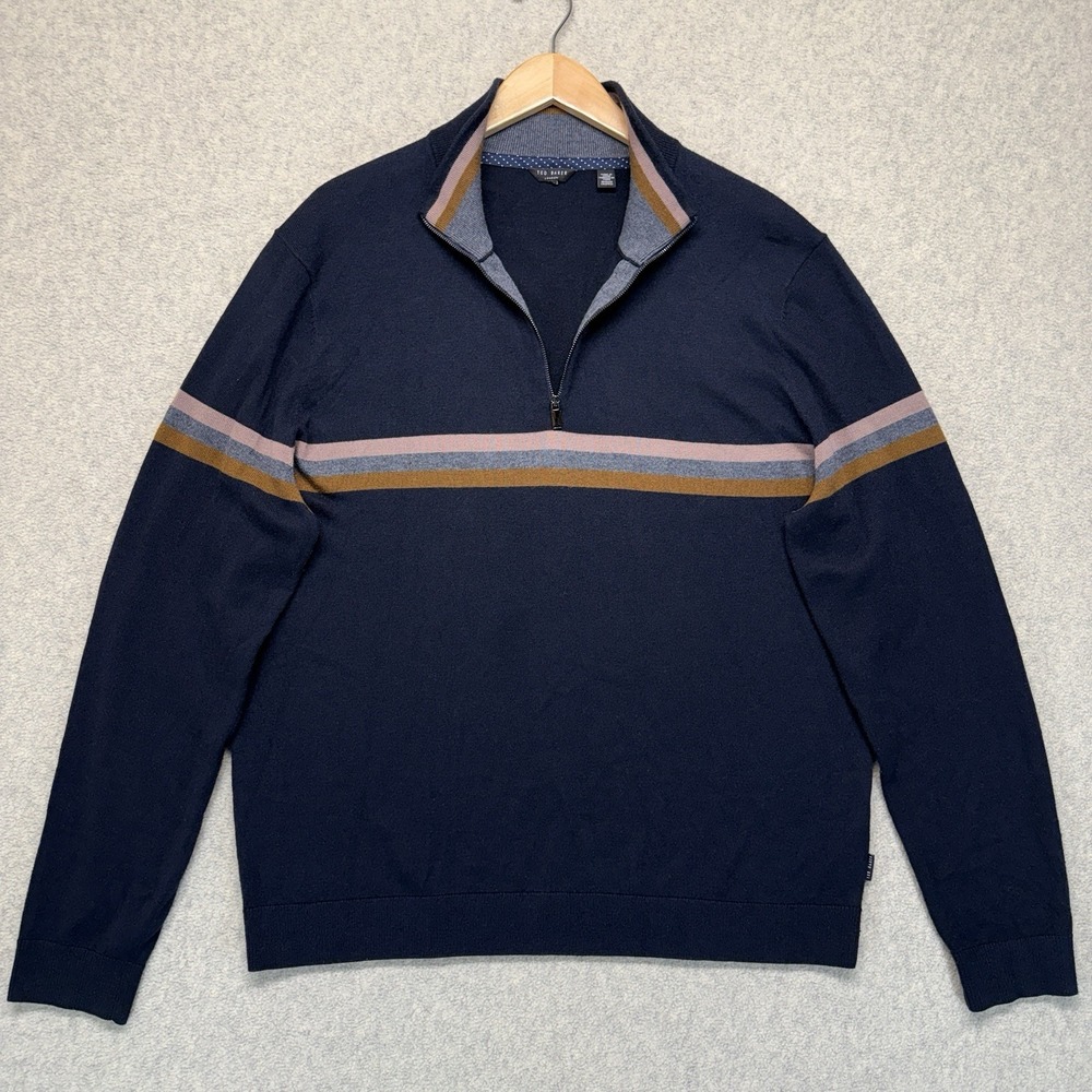 Ted Baker London Men's Quarter Zip Sweater Large Navy Stripe Pullover Wool Blend